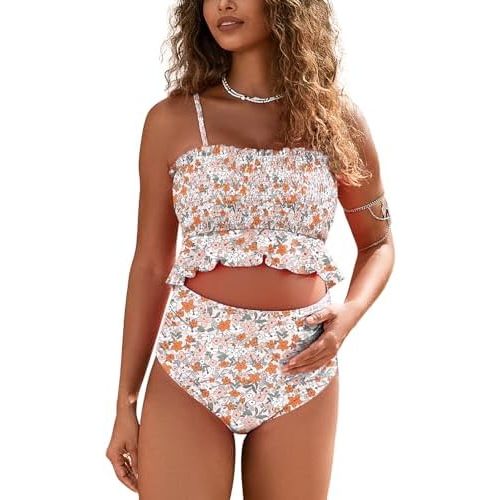 Maternity Swimsuit Two Piece Bikini Bandeau Top Hipster Bottom High Waisted