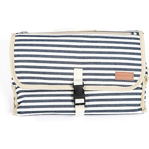 Simple Being Portable Changing Pad, Travel Diaper Canvas Clutch Mat, Diaper Bag Essential with Storage Pockets for Wipes and a Supportive Foam Head Pillow Padding (Navy Stripe)