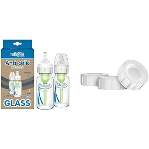 Dr. Brown's Natural Flow Anti-Colic Options+ Narrow Glass Baby Bottle 4 oz/120 mL & Travel and Storage Baby Bottle Caps for Natural Flow and Options+ Baby Bottles - 3-Pack