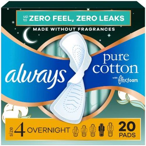 Always Pure Cotton Overnight Pads with Wings - Size 4 - 20ct