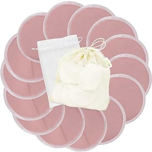 wegreeco Nursing Breast Pads (14 Pack) + Laundry Bag & Travel Storage Bag, 4.7 inch - Washable & Reusable Breastfeeding Nursing Pads (Mild Pink, Large, Contoured & Plain Shape)