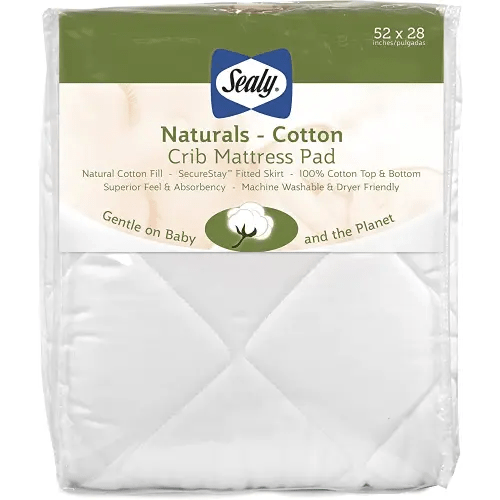 Sealy Naturals Cotton Waterproof Fitted Toddler Bed & Baby Crib Mattress Pad Cover Topper, Waterproof Crib Mattress Protector, Noiseless, Machine Washable and Dryer Friendly, 52" x 28" - White