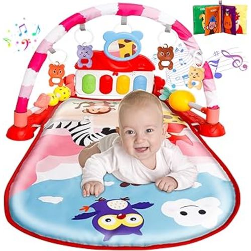 Best Baby Play Mat Baby Gym Play Piano Tummy Time Activity Mat, 5 Infant Sensory Baby Toys, Music and Lights Boy & Girl Gifts for Newborn Baby 0 to 3 6 9 12 Months (Red)