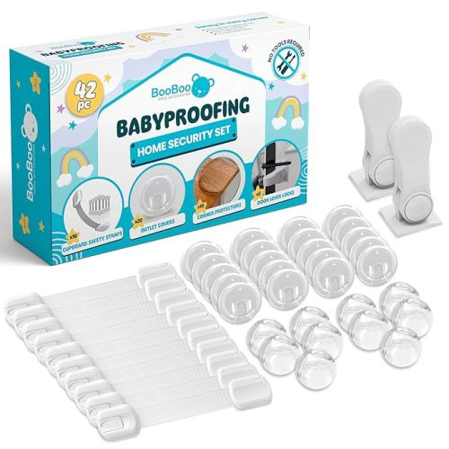 BooBoo Baby 42 Pack Premium Child Safety Baby Proofing Kit | For Your Home and Kitchen with 10 Cabinet Drawer Locks, 10 Corner Guards, 20 Outlet Covers and 2 Door Lever Lock