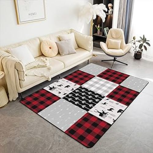 Erosebridal Buffalo Plaid Area Rug for Boys Girls, Woodland Moose Carpet 5x7 Vintage Deer Bear Decorative Rug, Buffalo Plaid Farm Animal Living Room Rugs Rustic Patchwork Rug, Red Black Grey