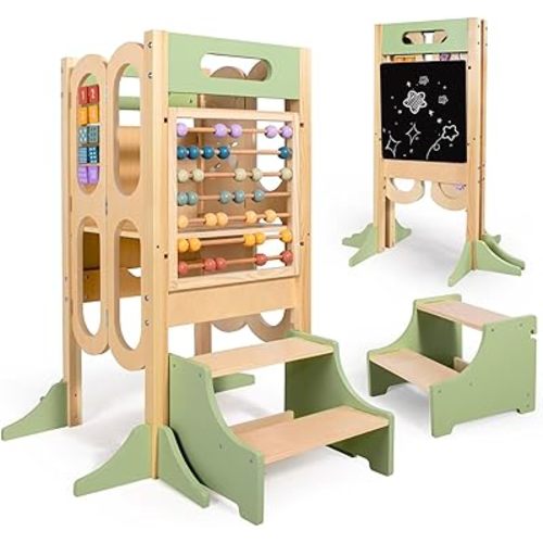 aiwo 6in1 Foldable Toddler Tower with 2-Step Stool Kitchen Standing Stool for 18 Months-6 Years, 3 Adjustable Heights, Chalkboard & Montessori Learning Activities, Compact for Small Spaces