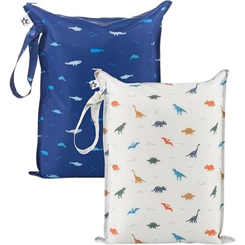 Tiny Twinkle Mess proof Waterproof Wet Dry Bag,2pk Reusable Wet Bags for Swimsuits&Baby Clothes,Leakproof Wet Bag,Waterproof Bag for Travel&Diaper bag,Wet Bags for Baby (Dinosaur, Ocean Life)