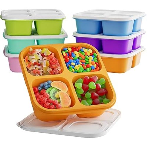 6 Pcs Bento Snack Containers, Reusable 4 Compartment Food Storage Container with Lids, Divided Lunchable Container, Freezer, Microwave & Dishwasher Safe (6 Color)
