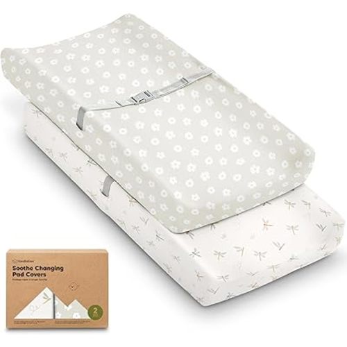 2-Pack Organic Changing Pad Covers for Girl, Boy, Neutral - 100% Cotton Changing Table Pad Cover, Soft Baby Nursery Diaper Changing Pad Sheets, Contour Changing Pads Liners, Change Pad Cover (Meadow)