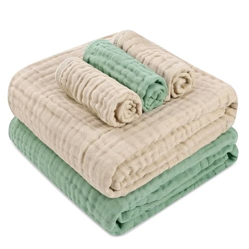 Muslin Baby Bath Set - 2 Large Gauze Towels & 3 Washcloths, 6-Layer 100% Muslin Cotton for Sensitive Skin. Multi-Use as Towel & Blanket. Perfect for Baby Showers & New Moms (Warm Series)