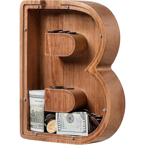 Piggy Bank for Kids Boys Girls, Wooden Large Letter Piggy Bank Alphabet Money Bank with Initial B, Coin Bank Fun Gifts for Birthday, Christmas, Festival, Baby Shower