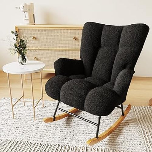 Barlezy Rocking Chair Nursery Upholstered Rocking Chair, Nursery Rocking Chair with High Backrest, Reading Chair, Rocking Armchair with Upholstered for Living Room Bedroom Balcony Offices (Black)