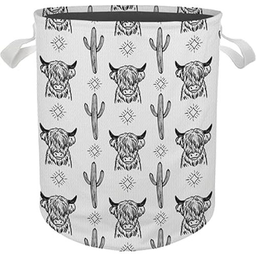 Western Laundry Basket, Retro Western Highland Cow Cactus Laundry Basket Hamper Waterproof Collapsible Storage Bin Organizer for Western Bedroom Bathroom Room Dorm Clothes Toys