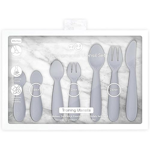 ezpz Developmental Utensil Set - 100% BPA Free Fork, Spoon, Knife for Babies, Toddlers and Preschool First Foods + Self-Feeding - Designed by a Pediatric Feeding Specialist (Pewter)