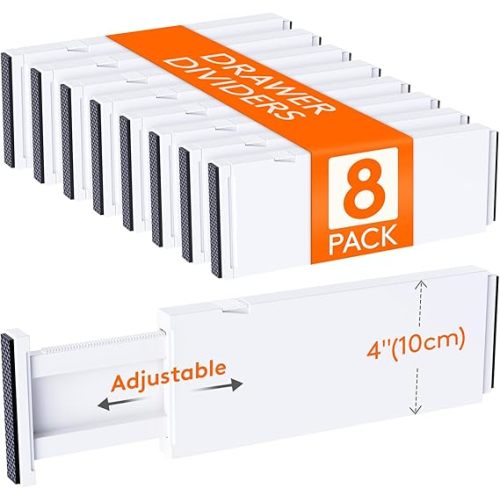 Lifewit 8 Pack Upgrade Drawer Dividers for Clothes, 4" High 11"-17" Adjustable Dresser Drawer Organizers, Expandable White Plastic Drawer Separators for Kitchen, Nursery, Office Organization & Storage