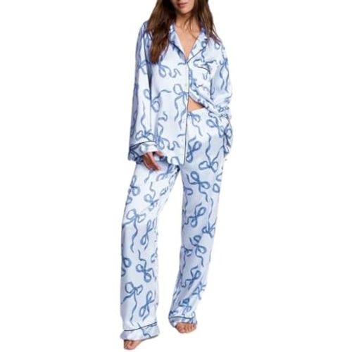 Women Bow Pajamas Satin Pajama Set Floral Silk 2 Piece Lounge Sets Button Down Shirts Wide Leg Pants Cute Pjs