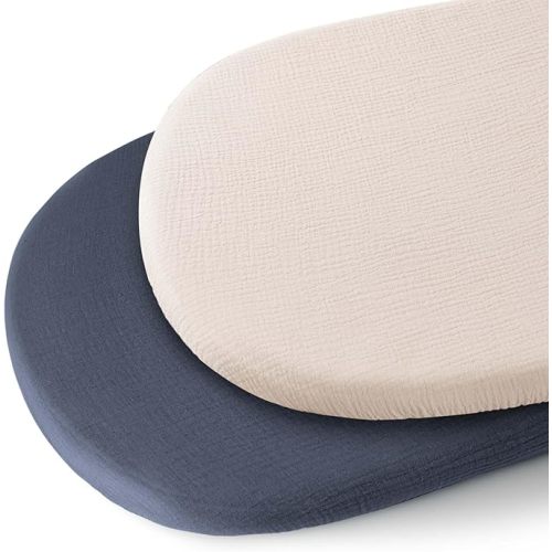 Konssy 2 Pack Muslin Bassinet Sheets for Baby Boy, 100% Cotton Soft Breathable Bassinet Mattress Sheets Fit for Hourglass Oval Cradle Rectangle Mattress (Navy,Cream)