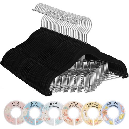 SONGMICS Baby Hangers, 30 Packs Pants Hangers with Clips, Kids Hangers with 6 Clothes Dividers, Non-Slip Children¡¯s Clothes Hangers, Black