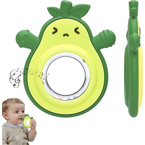 Teething Toy for Babies, Silicone Avocado Shape with Rattle Teether for Infants 0-3-6-12 Months, Sensory Chew Toys Teething Relief for Boys and Girls, BPA Free