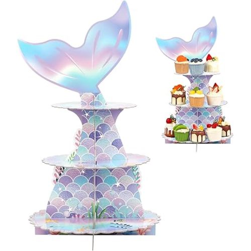 WINKIO 3 Tier Mermaid Cupcake Stand Party Decorations Mermaid Theme Cupcake Holder Mermaid Baby Shower Cake Holder Birthday Dessert Stand for Mermaid Ocean Under The Sea Party Supplies, Purple
