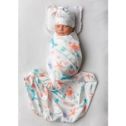 Newborn Baby Girl Receiving Blanket Swaddle Blanket Stretchy Knit Swaddle Set with Matching Headband (Pink)