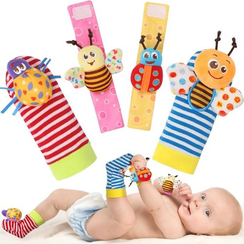 Bloobloomax Wrist Rattle Socks and Foot Finder Set, Infant Girl Boy Toys for Babies 0-36 Months, Newborn Hand & Foot Toys for 0 to 3 Years, Baby Shower Gifts Set Easter Basket Stuffer