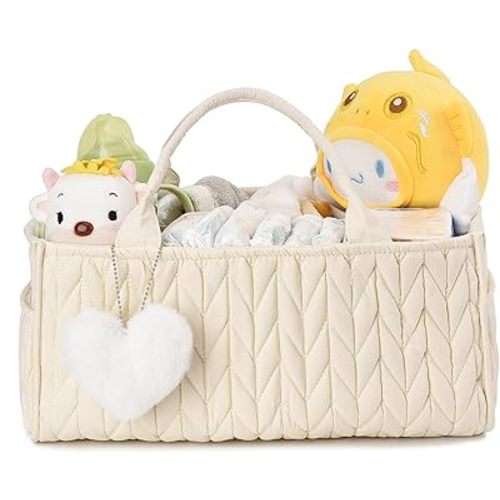 I IHAYNER Baby Diaper Caddy Cotton Rope Nursery Storage Bin and Car Organizer for Diapers and Wipes with Cute Pom-Pom Beige