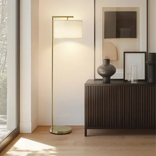 Montage Modern 60" Gold LED Floor Lamp with Pleated Ivory Fabric Drum Shade, Bulb Included