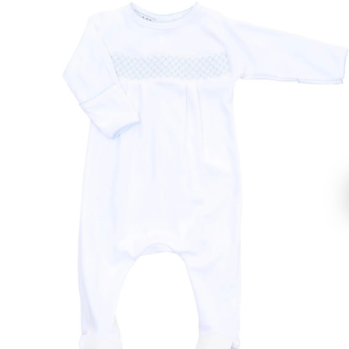 Magnolia Baby Boy Essentials Smocked White Footie with Blue Trim