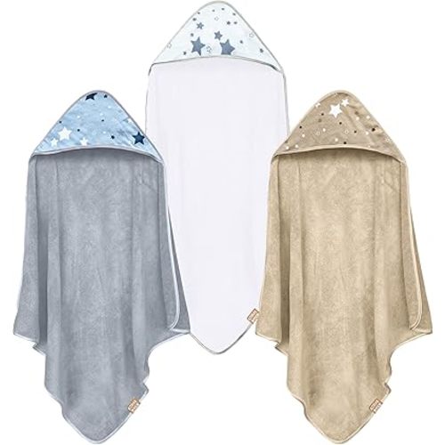 Coral Dock 3 Pack Baby Hooded Bath Towel Sets, Ultra Absorbent Polyester Towels, Neutral Grey Starry Sky, Suitable for Newborns and Toddlers