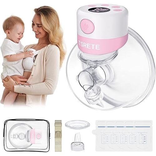 TSRETE Breast Pump, Wearable Breast Pump, Electric Hands-Free Breast Pumps with 2 Modes, 9 Levels, LCD Display, Memory Function Rechargeable Single Milk Extractor-24mm Flange, Pink