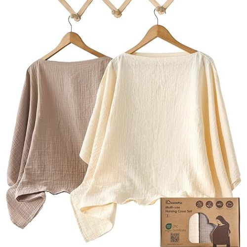 Nursing Cover for Breastfeeding – 2 Pack 51"x47" Cotton Muslin Infinity Scarf, 360° Privacy Breastfeeding Cover, Multi-Use Baby Car Seat Stroller Cover, Gift Box, Warm Oat & Khaki