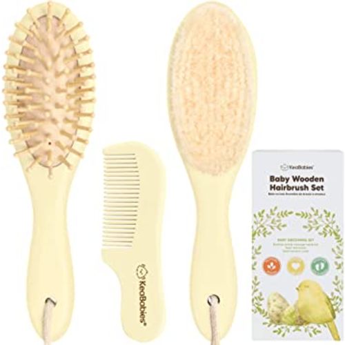 Baby Hair Brush and Comb Set for Newborn - Wooden Baby Hair Brush Set with Soft Goat Bristle, Baby Brush Set for Newborns, Baby Brush and Comb Set Girl, Boy, Toddler Cradle Cap Brush (Oval, Lemon)
