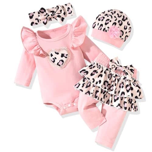 fioukiay Newborn Baby Girl Clothes Infant Girls Floral Love Printed Romper and Ruffle Pants Sets 4pcs Winter Fall Outfits