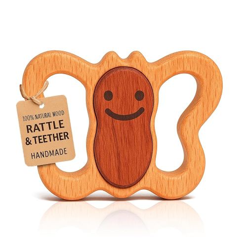 HippoToys 100% Natural Wooden Baby Rattle – Handmade Montessori Toy, Plastic-Free, No Toxins or Paint – Safe Gift for Newborns to 12 Months