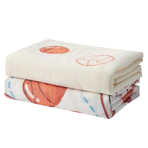 IBESTOPIA 70% Rayon Made from Bamboo 30% Cotton Muslin Swaddle Blanket, 47 x 47 Inches, Basketball Print Baby Receiving Blanket, Soft and Breathable, Unisex, 2 Pack