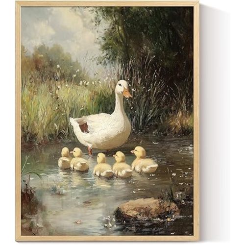 InSimSea Framed Canvas Wall Art Prints, Wall Art for Living Room Bedroom, Vintage Neutral Ducks Animal Painting Decor, Classic Retro Rustic Beige Farmhouse Wall Shelf Decor, 12x16inch