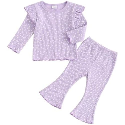 Toddler Baby Girl Outfits Ruffle Long Sleeve Striped Trim Tops + Flare Pants Set Toddler 2Pcs Fall Winter Clothes