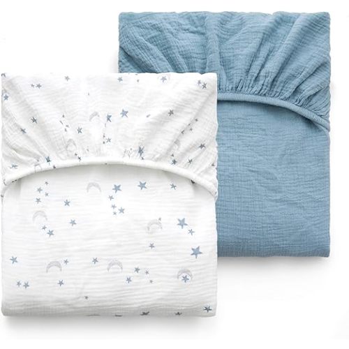 Momcozy Muslin Standard Fitted Crib Sheets, 52"x28", 2 Pack Soft Breathable Natural Cotton Baby Mattress Sheet, 360° Mattress Wrapping No Slip Boys Girls Neutral Toddler Bed Sheet, Blue Star Moon