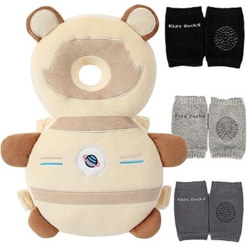 Feidoog Baby Head Protector Cushion Backpack with 3 Knee Pads for Walking & Crawling,Khaki Astronauts