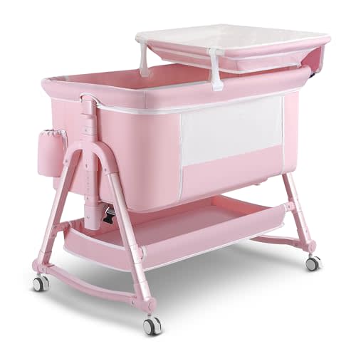Uuoeebb 4 in 1 Bedside Bassinet for Baby, Portable Baby Bassinet with Wheels, Baby Crib with Changing Station, Mattress Included and Storage, Foldable Travel Bassinet for Baby/Infant/Newborn-Pink
