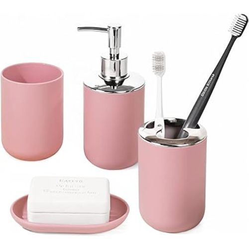 Bathroom Accessory Set, 4 Pcs Plastic Bathroom Set Include Soap Dispenser, Soap Dish, Toothbrush Holder, Mousewash Cup, Modern Bahtroom Décor Set, Space Save for Bathroom(Light Pink)