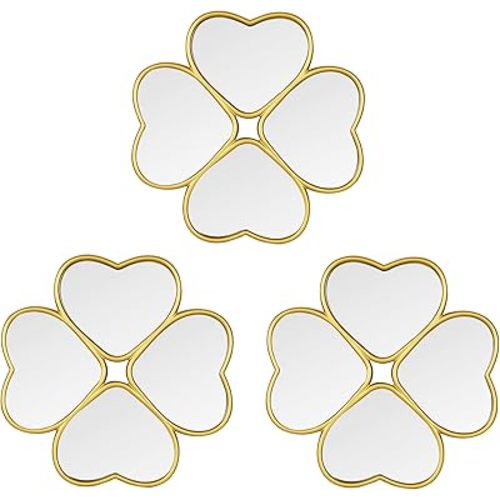 Small Decoritive Heart Wall Mirrors Set of 3, Decorative Four-Leaf Clover Mirror (Gold)