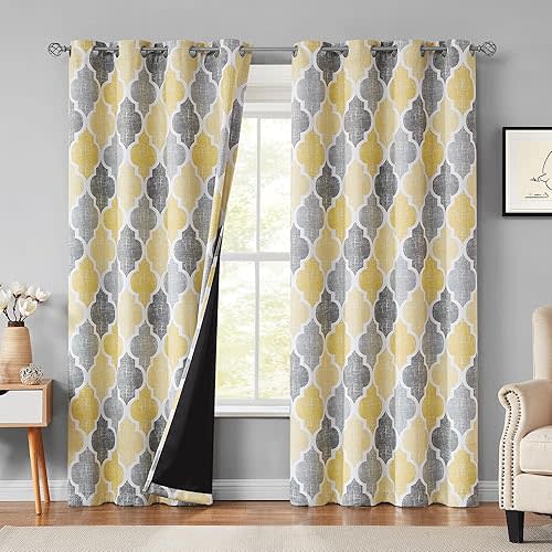 Beauoop 100% Blackout Curtains 84 Inches Long 2 Panels for Bedroom Living Room Yellow Grey Moroccan Geo Room Darkening Thermal Insulated Soundproof Grommet Top Window Treatments Drapes, 50x84 Set of 2
