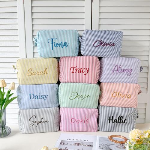 Personalized Embroidered Travel Toiletry Bag/ Bridesmaid Gift/ Gift for Her, Mom/ Striped Seersucker Cosmetic Pouch/ Candy Color Organizer