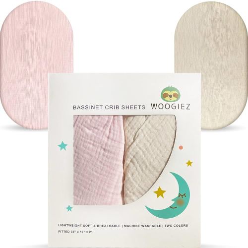 Woogiez Muslin Bassinet Sheets (2 Pack) & Gift Box — Universal 100% Cotton Baby Sheets for Rectangle, Hourglass or Oval Bassinet Mattress (Pink Sunrise)