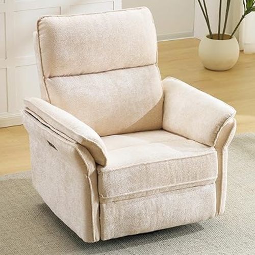 Oversized Power Recliner Chairs for Adults with Massage and Heat, Power Swivel Rocker Recliner Chair with Adjustable Headrest, 26" Extra Wide Rocker Nursery Recliner with USB Port, Beige