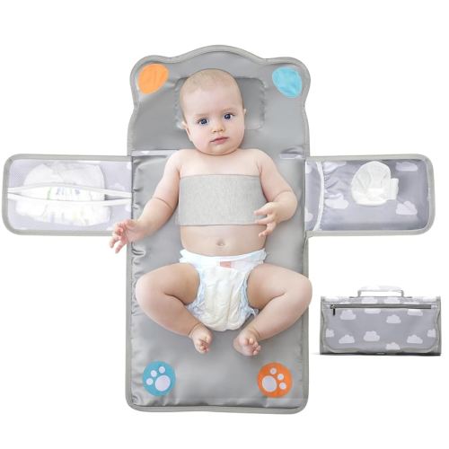 Anti Roll Diaper Changing Pad Mat with Swaddle Strap 3-in-1 Portable Waterproof Foldable Travel Station with Dual Storage Pockets, Built-in Pillow, Wipes Holder, Shower Gift for Newborns Girls, Boys