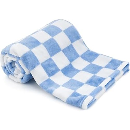 Plush Checkered Baby Blanket for Boys Girls Nursery, 30"*40" Warm Short Fleece Blanket Neutral for Infant Newborn, Small Fuzzy Blanket for Sleeping, Chenille Baby Blanket or Stroller (Blue&White)