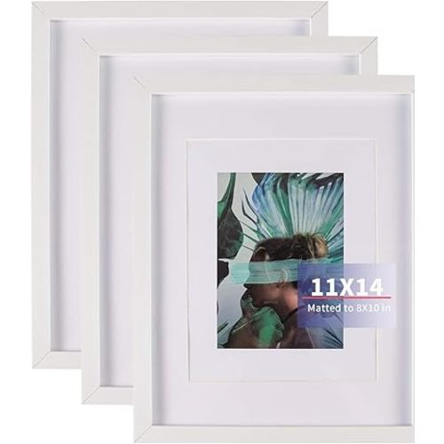 elabo 11x14 White Picture Frame (3 Pack) - High Definition Plexiglass Display Pictures 5x7,8x10 with Mat or 11x14 Without Mat - Vertical or Horizontal Wall Mounting